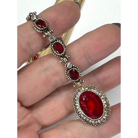 NEW Hand Bracelet Ring Red Rhinestone Gold Tone Unique Fashion Jewelry set m - Picture 10 of 10